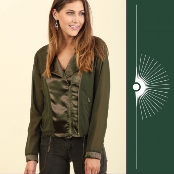 Umgee Sheer Satin Bomber Asymmetrical Zip Jacket Dark Olive Army Green Small - Picture 3 of 9